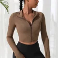 Kadın Kahverengi Uzun Kol Fermuarlı Parmak Geçme Detaylı Dik Yaka Crop Top Bluz