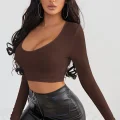 Kadın Kahverengi Uzun Kol Kare Yaka Crop Top Bluz