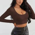 Kadın Kahverengi Uzun Kol Kare Yaka Crop Top Bluz