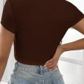 Kadın Kahverengi Yarım Kol Düz Yaka Crop Top Bluz