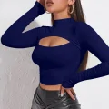 Kadın Lacivert Göğüs Dekolteli Uzun Kollu Cut Out Crop Top Bluz