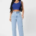 Kadın Lacivert Kare Yaka Crop Top Bluz