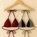 Kadın Leopar Desenli ve Bordo Minimal Kesim Üçgen Bikini Üstü