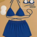 Kadın Mavi Şortlu Belden ve Boyundan Bağlamalı Bikini Takımı