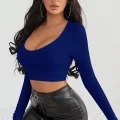 Kadın Mavi Uzun Kol Kare Yaka Crop Top Bluz