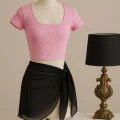 Kadın Pembe Yarım Kol Crop ve Siyah Pareo 2li Set