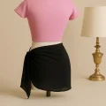 Kadın Pembe Yarım Kol Crop ve Siyah Pareo 2li Set