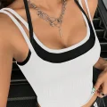 Kadın Siyah Beyaz Çift Renk Çapraz Askılı Crop Top Bluz