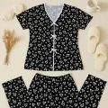 Kadın Siyah Beyaz Kalp Desenli Fiyonklu Kısa Kollu Pijama Takımı