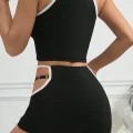 Kadın Siyah Beyaz Şortlu Cut-Out Detaylı Gecelik Takımı