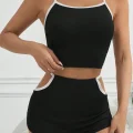 Kadın Siyah Beyaz Şortlu Cut-Out Detaylı Gecelik Takımı