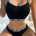 Kadın Siyah Çapraz Sırt Ve Love Yazı Detaylı Iç Çamaşır Takımı
