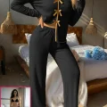 Kadın Siyah Fiyonklu İç Çamaşırı ve Uzun Kollu V Yaka Pijama Takımı 4lü Set