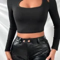 Kadın Siyah Göğüs Dekolteli Çapraz Askılı Uzun Kollu Crop Top Bluz