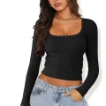 Kadın Siyah Kare Yaka Dantelli Uzun Kollu Crop Top Bluz