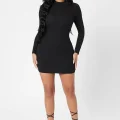 Kadın Siyah Kaşkorse Balıkçı Yaka Uzun Kollu Bodycon Mini Elbise
