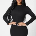 Kadın Siyah Kaşkorse Balıkçı Yaka Uzun Kollu Bodycon Mini Elbise
