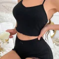 Kadın Siyah Kaşkorse Sırt ve Bacak Kısmı Puantiyeli Şortlu Gecelik Takım