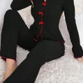 Kadın Siyah Kırmızı Biyeli ve Fiyonklu Uzun Kollu Mevsimlik Pijama Takımı