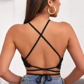 Kadın Siyah Sırtı Açık Boyundan Çapraz Bağlamalı Crop Top Bluz