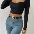 Kadın Siyah Uzun Kol Göğüs Dekolteli Şık Crop Top Bluz