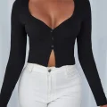 Kadın Siyah Uzun Kollu Düğmeli Göğüs ve Göbek Dekolteli Crop Top Bluz