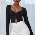Kadın Siyah Uzun Kollu Düğmeli Göğüs ve Göbek Dekolteli Crop Top Bluz