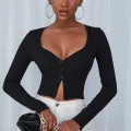 Kadın Siyah Uzun Kollu Düğmeli Göğüs ve Göbek Dekolteli Crop Top Bluz