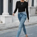 Kadın Siyah Uzun Kollu Fit Basic Crop Top Bluz