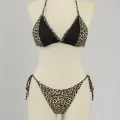 Kadın Siyah ve Leopar Detaylı Yandan Bağlamalı Bikini Takımı