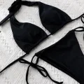 Kadın Siyah Yandan Bağlamalı Tangalı Üçgen Bikini Mayo Takımı