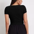 Kadın Siyah Yuvarlak Yaka Yarım Kol Crop Top Bluz