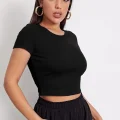 Kadın Siyah Yuvarlak Yaka Yarım Kol Crop Top Bluz