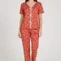 Kadın Turuncu Kalp Desenli Fiyonklu Kısa Kollu Uzun Pijama Takımı