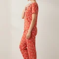 Kadın Turuncu Kalp Desenli Fiyonklu Kısa Kollu Uzun Pijama Takımı