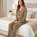Kadın Uzun Kollu Leopar Desenli Fiyonklu Ev Giyim Pijama Takımı