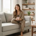 Kadın Uzun Kollu Leopar Desenli Fiyonklu Ev Giyim Pijama Takımı