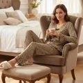 Kadın Uzun Kollu Leopar Desenli Fiyonklu Ev Giyim Pijama Takımı