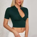 Kadın Yeşil Yarım Fermuarlı ve Kısa Kollu Crop Top Bluz