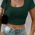 Kadın Yeşil Yarım Kol Düz Yaka Crop Top Bluz