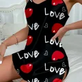 Love Desenli Siyah Saten Gecelik