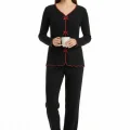 Premium Kadın 4’lü Fitilli Set – Siyah Kırmızı Biyeli (Pijama Üst, Pantolon, Bikini Takımı)