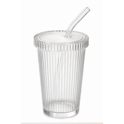 10 Adet Latte Kapaklı Pipetli Kristal Desen Fenomen Bardak Soğuk Kahve, Smoothie, İçecek Bardağı