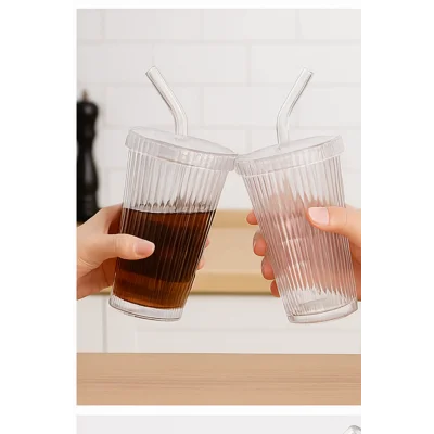 2 Adet Latte Kapaklı Pipetli Kristal Desen Fenomen Bardak Soğuk Kahve, Smoothie, İçecek Bardağı