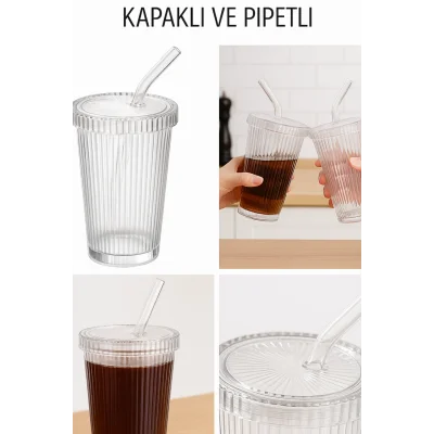 32 Adet Latte Kapaklı Pipetli Kristal Desen Fenomen Bardak Soğuk Kahve, Smoothie, İçecek Bardağı