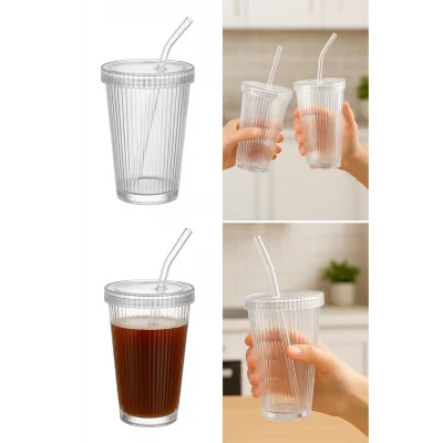 6 Adet Latte Kapaklı Pipetli Kristal Desen Fenomen Bardak Soğuk Kahve, Smoothie, İçecek Bardağı