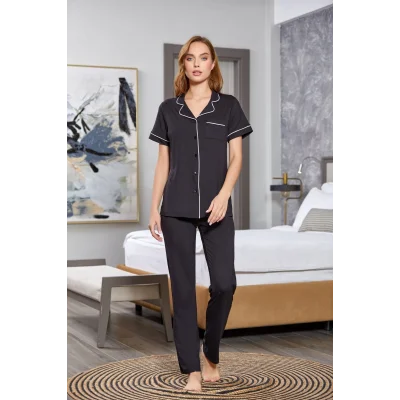 Aqua 25526-K Kadın Kısa Kol Önü Düğmeli Pijama Takım