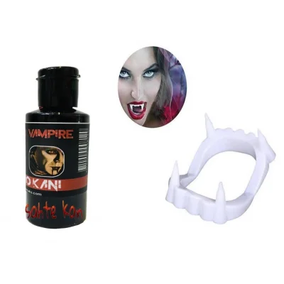 Beyaz Renk Çift Damak Takma Vampir Dişi ve 50 gr Tiyatro Kanı