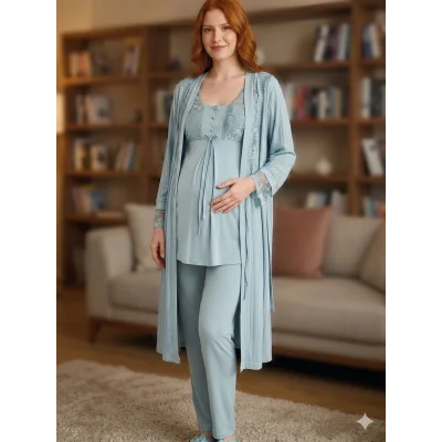 Bone 6205 Kadın 3lü Jakarlı Sabahlıklı Lohusa Pijama Takımı