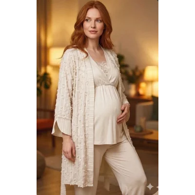 Bone 6209 Kadın 3lü Dokuma Sabahlıklı Lohusa Pijama Takımı
